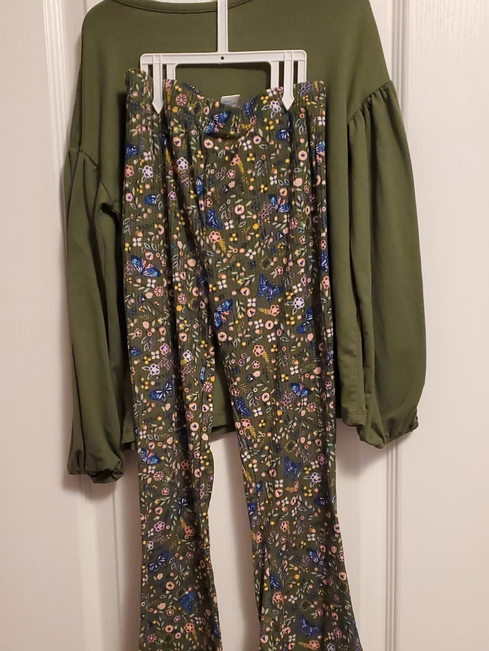 Olive Green Butterfly Sequin Top with Floral Flared Pants